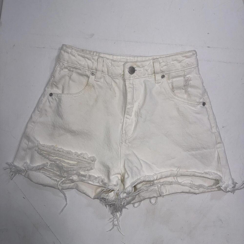 Rollas Dusters Hi Rise Denim Boho‎ Festival Y2K 90s Raw Hem White Jean Shorts 25